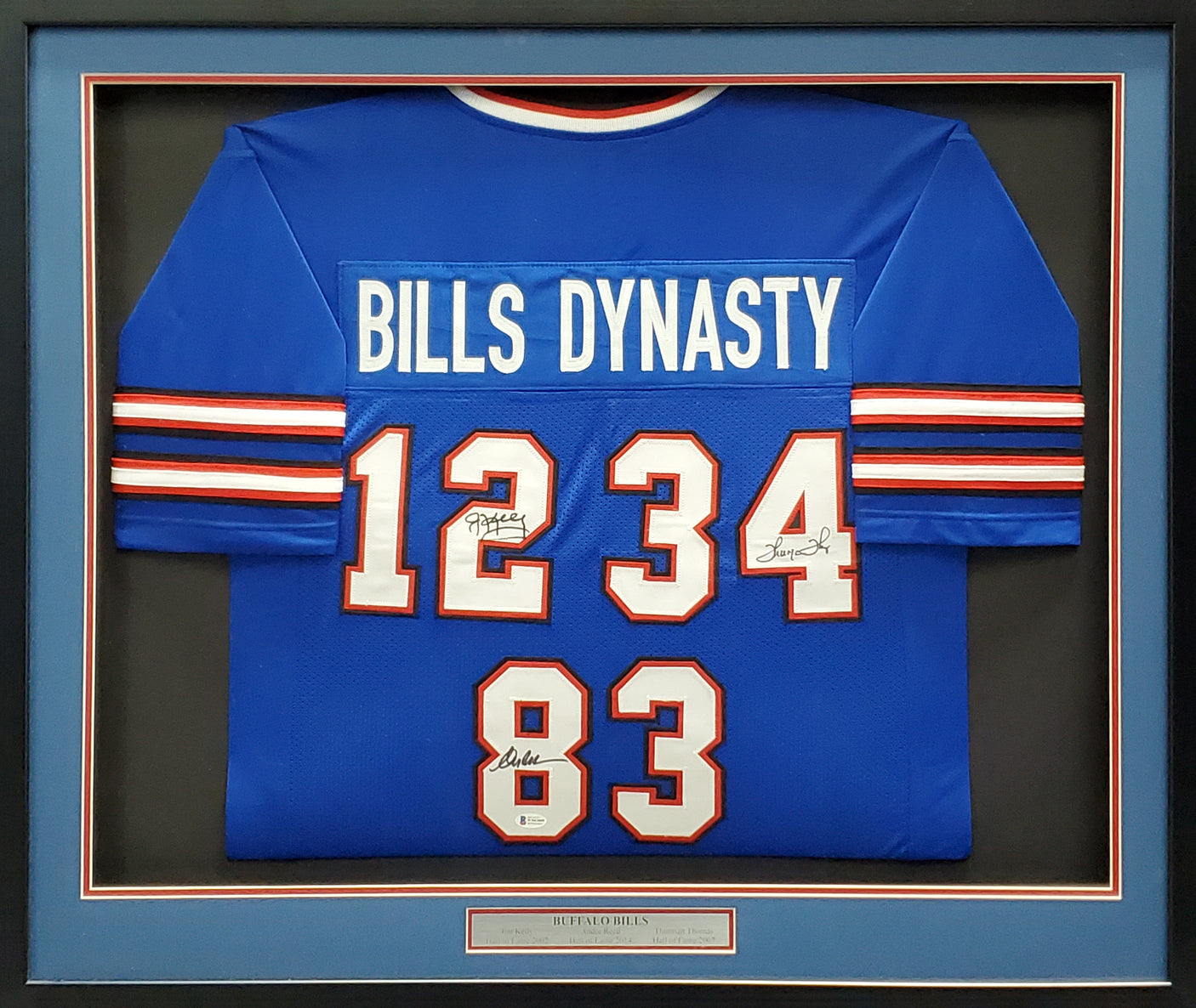 Buffalo Bills Team Greats Autographed Framed Blue Jersey With 3 Signatures Including Jim Kelly, Thurman Thomas & Andre Reed Beckett BAS Stock #195234