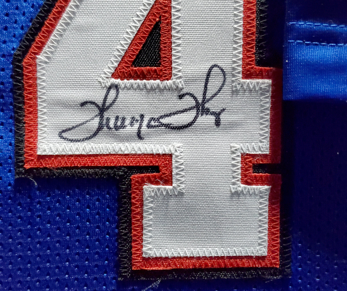 Buffalo Bills Team Greats Autographed Framed Blue Jersey With 3 Signatures Including Jim Kelly, Thurman Thomas & Andre Reed Beckett BAS Stock #195234