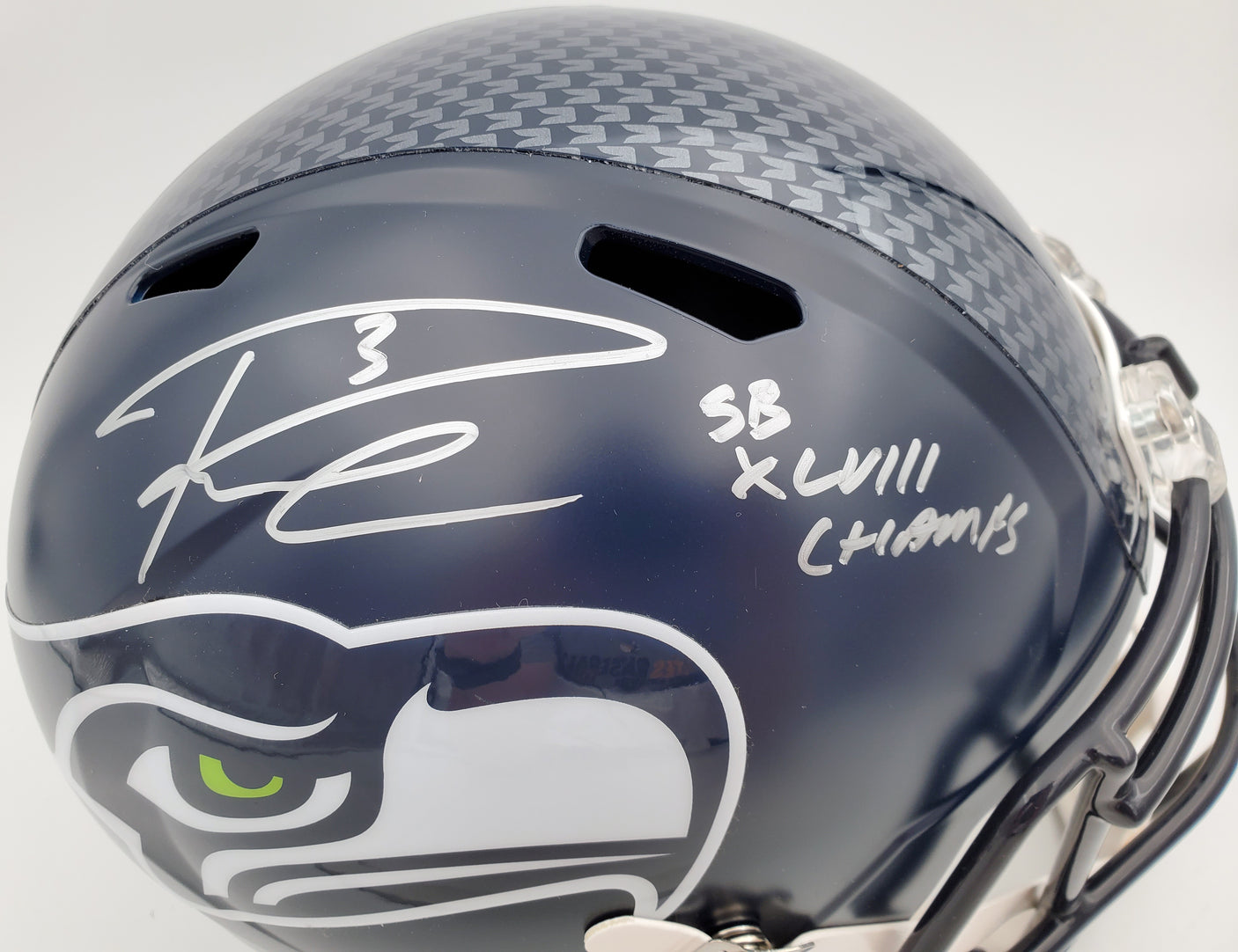 Russell Wilson Autographed Seattle Seahawks Full Size Replica Speed Helmet "SB XLVIII Champs" In Silver RW Holo Stock #94268