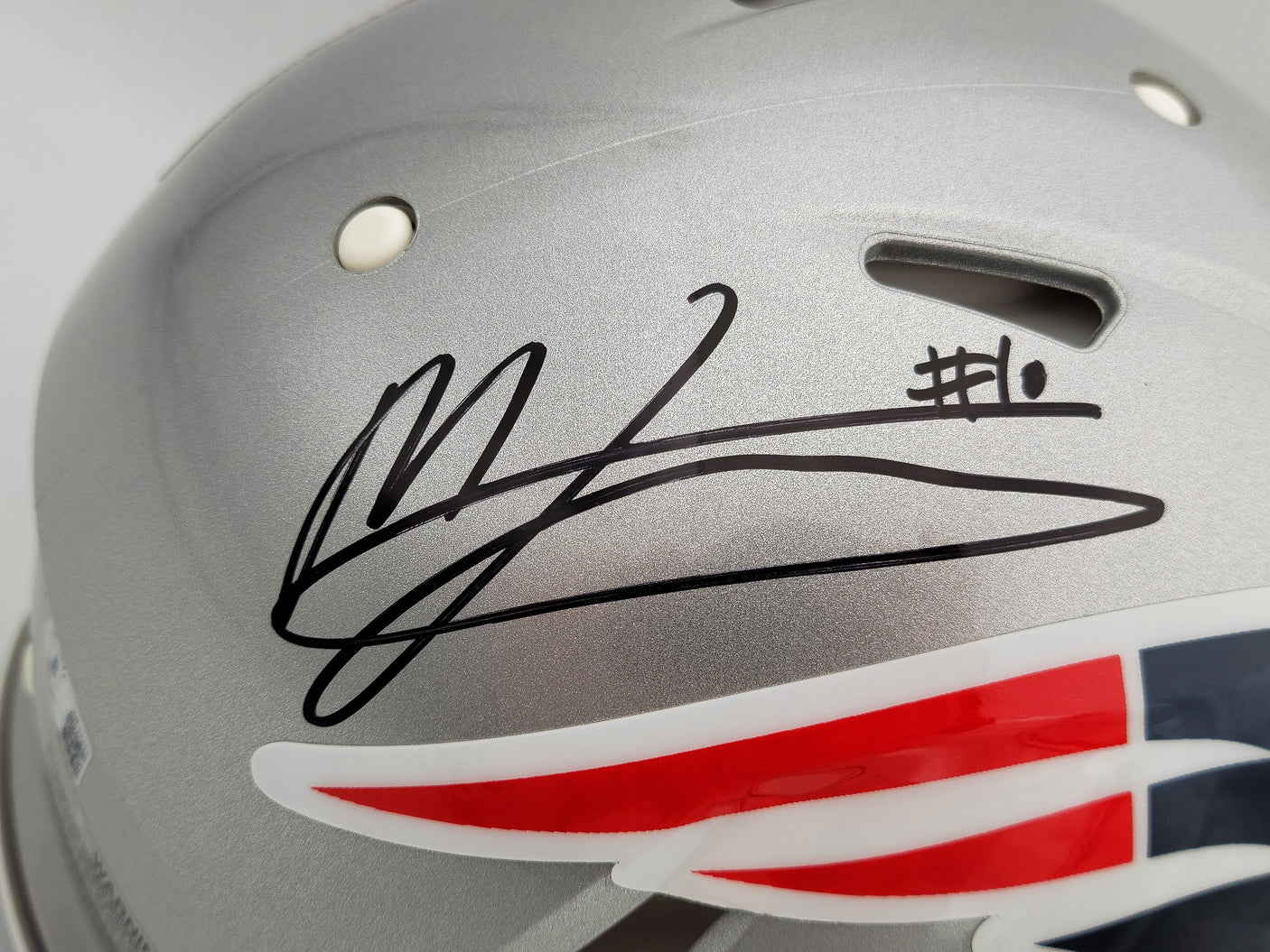 Mac Jones Autographed New England Patriots Silver Full Size Authentic Speed Helmet Beckett BAS QR Stock #200939