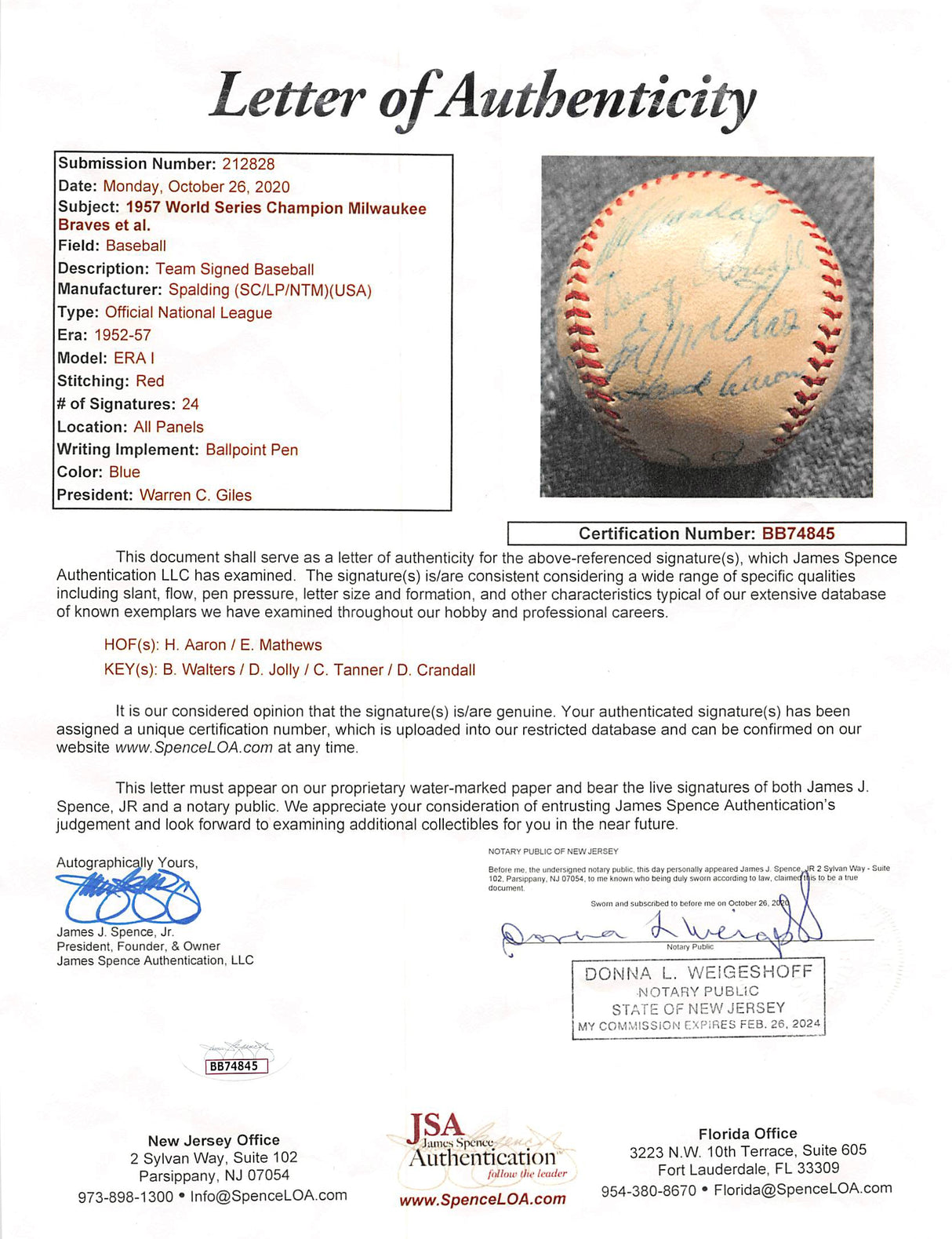 1957 Braves (24) Aaron, Mathews +22 Signed Giles Onl Baseball JSA #BB74845