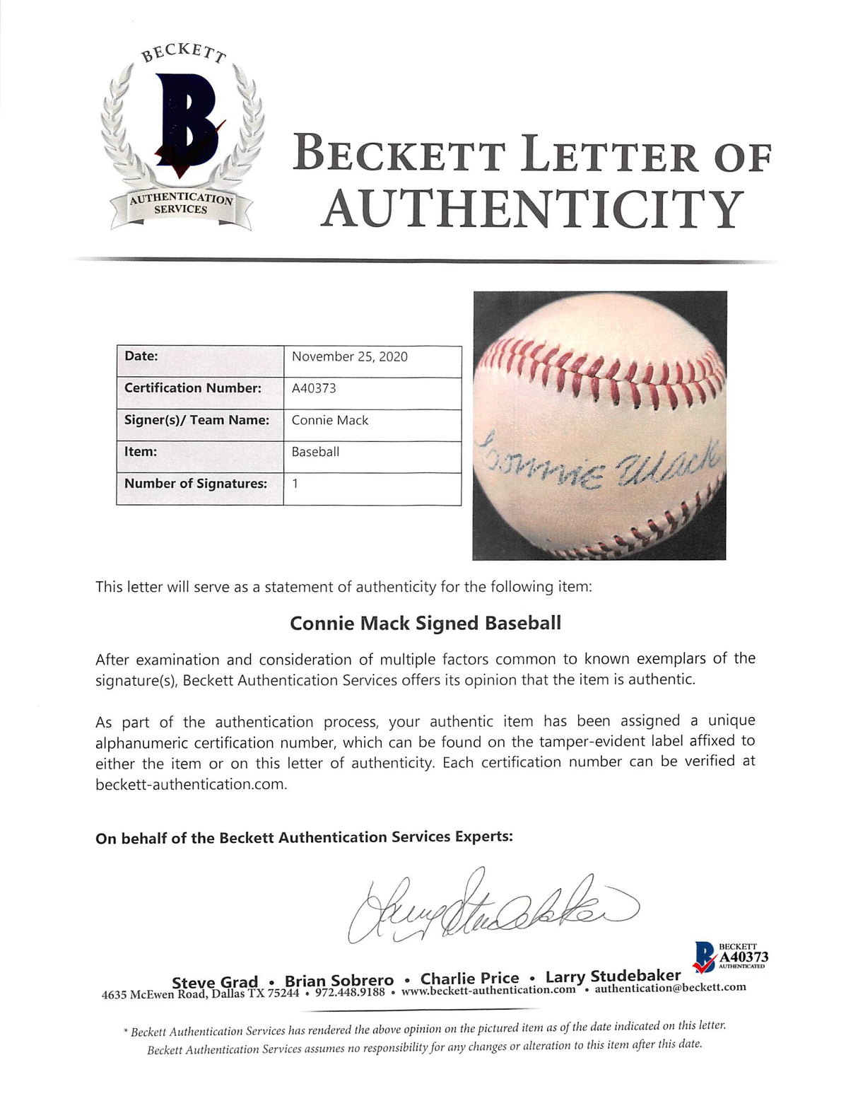 A's Connie Mack Authentic Signed Harridge Oal Baseball Autographed BAS #A40373