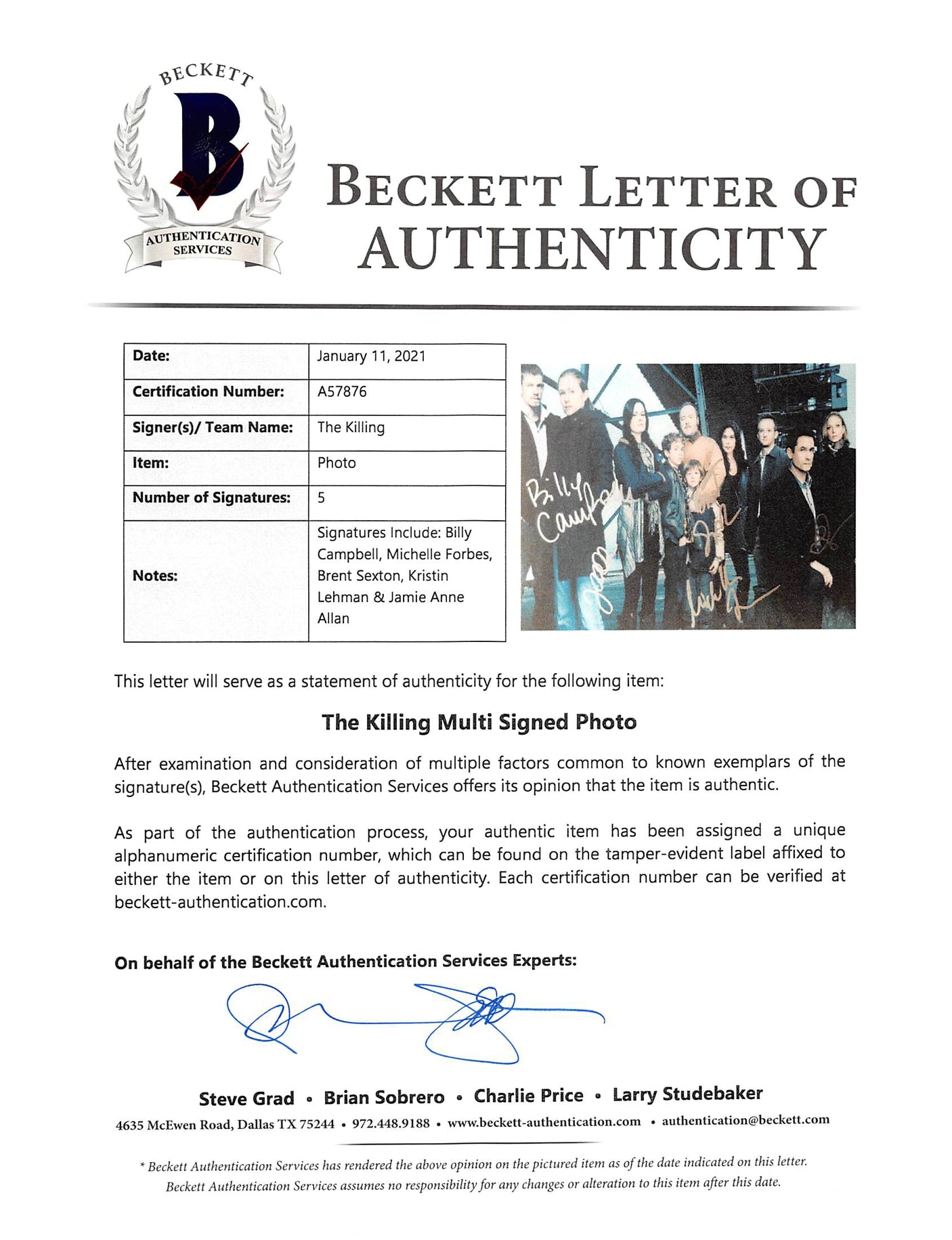 The Killing (5) Campbell, Forbes, Sexton, Lehman & Allan Signed 12x18 Photo BAS