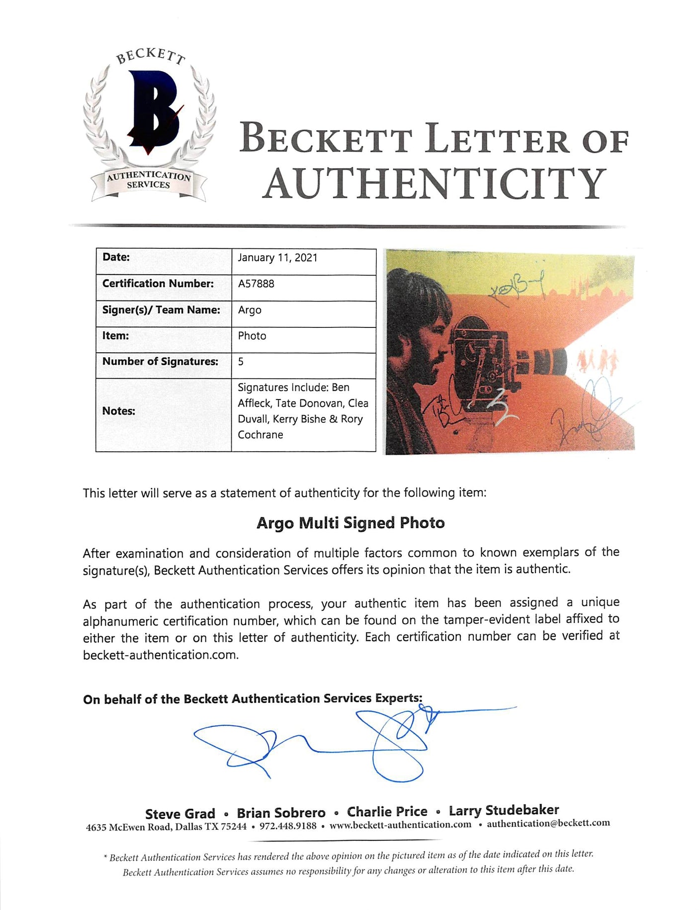 Argo (5) Affleck, Donovan, Duvall, Bishe & Cochrane Signed 12x18 Photo BAS