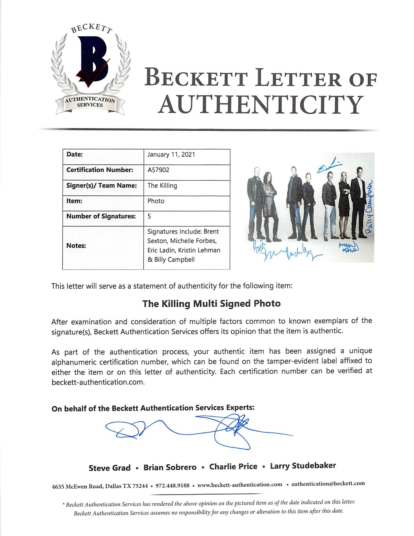 The Killing (5) Sexton, Forbes, Ladin, Lehman & Campbell Signed 12x18 Photo BAS