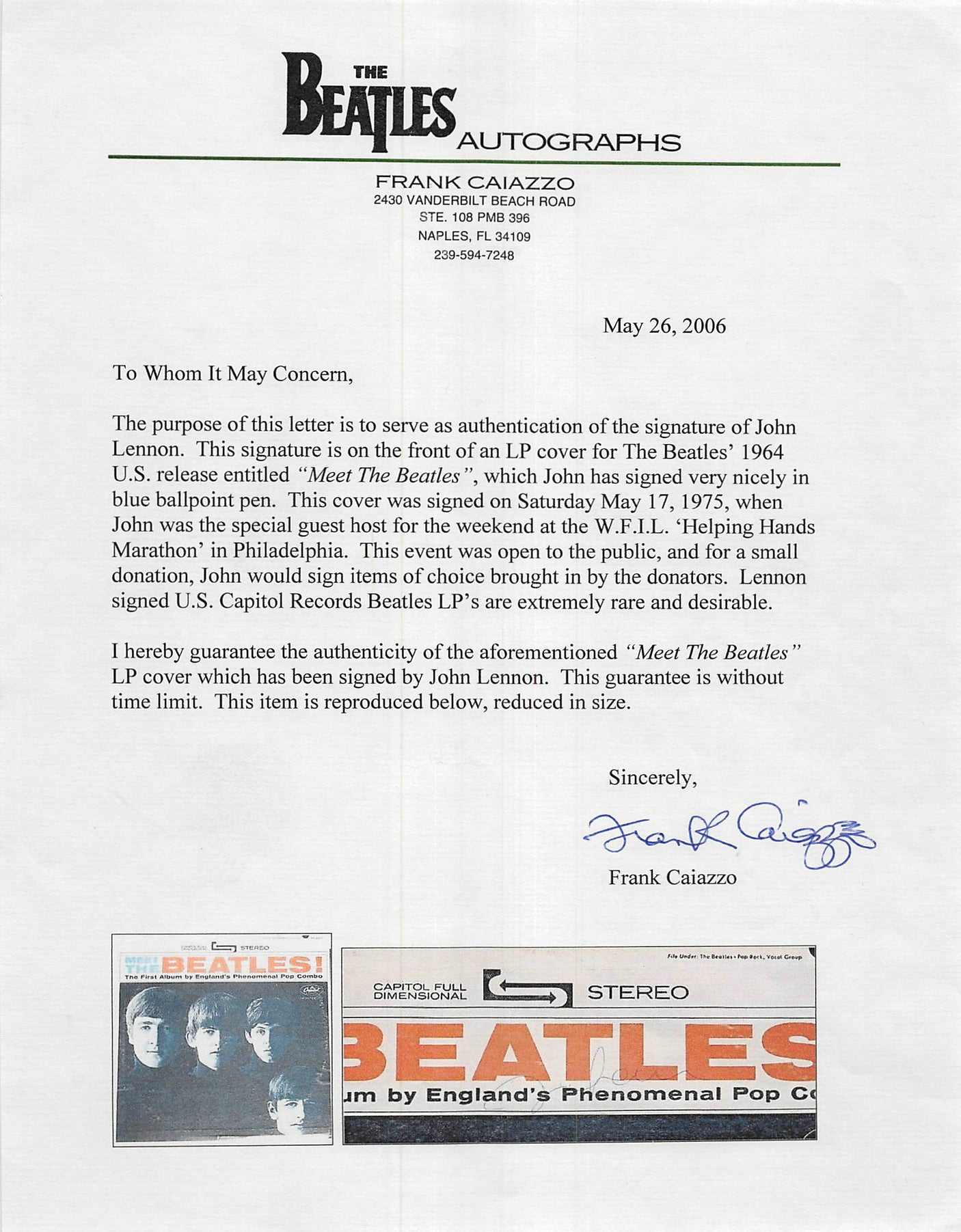 John Lennon Authentic Signed Meet The Beatles Album Cover Caiazzo & BAS #A57923