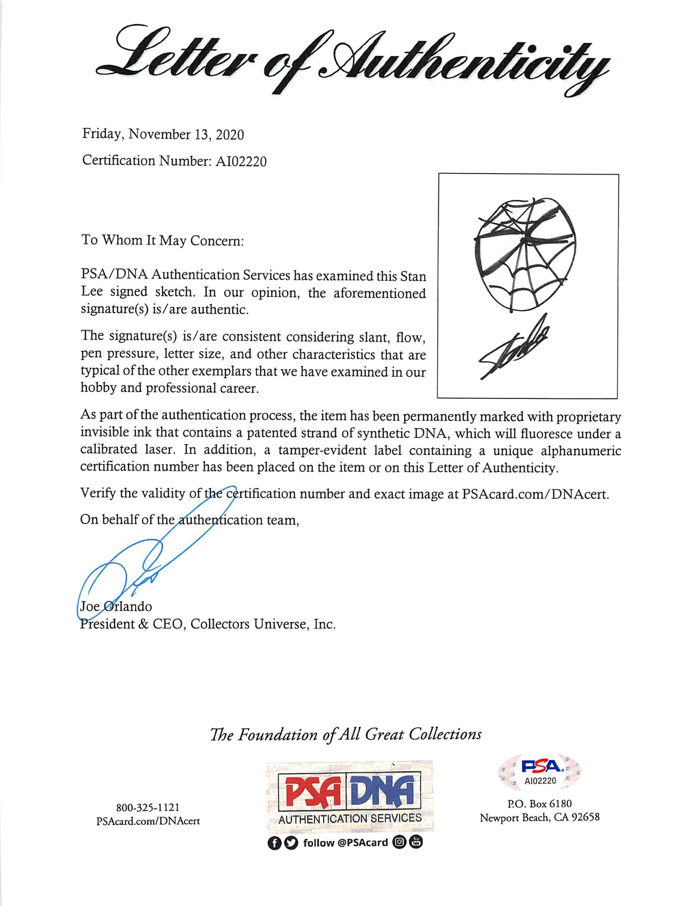 Stan Lee Marvel Authentic Signed 7x10.5 Spider-Man Hand-Drawn Sketch CGC & PSA