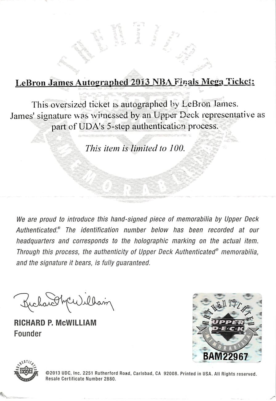 Heat LeBron James Signed 14x33 2013 Finals Mega Ticket Canvas LE #9/100 UDA