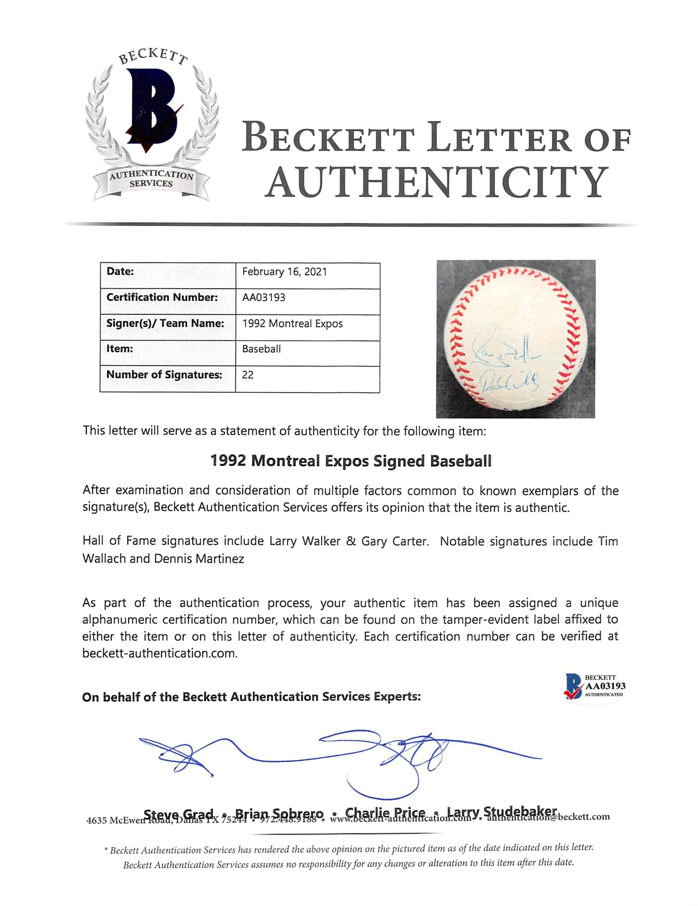 1992 Expos (22) Walker, Carter, Wallach +19 Signed Onl Baseball BAS #AA03193