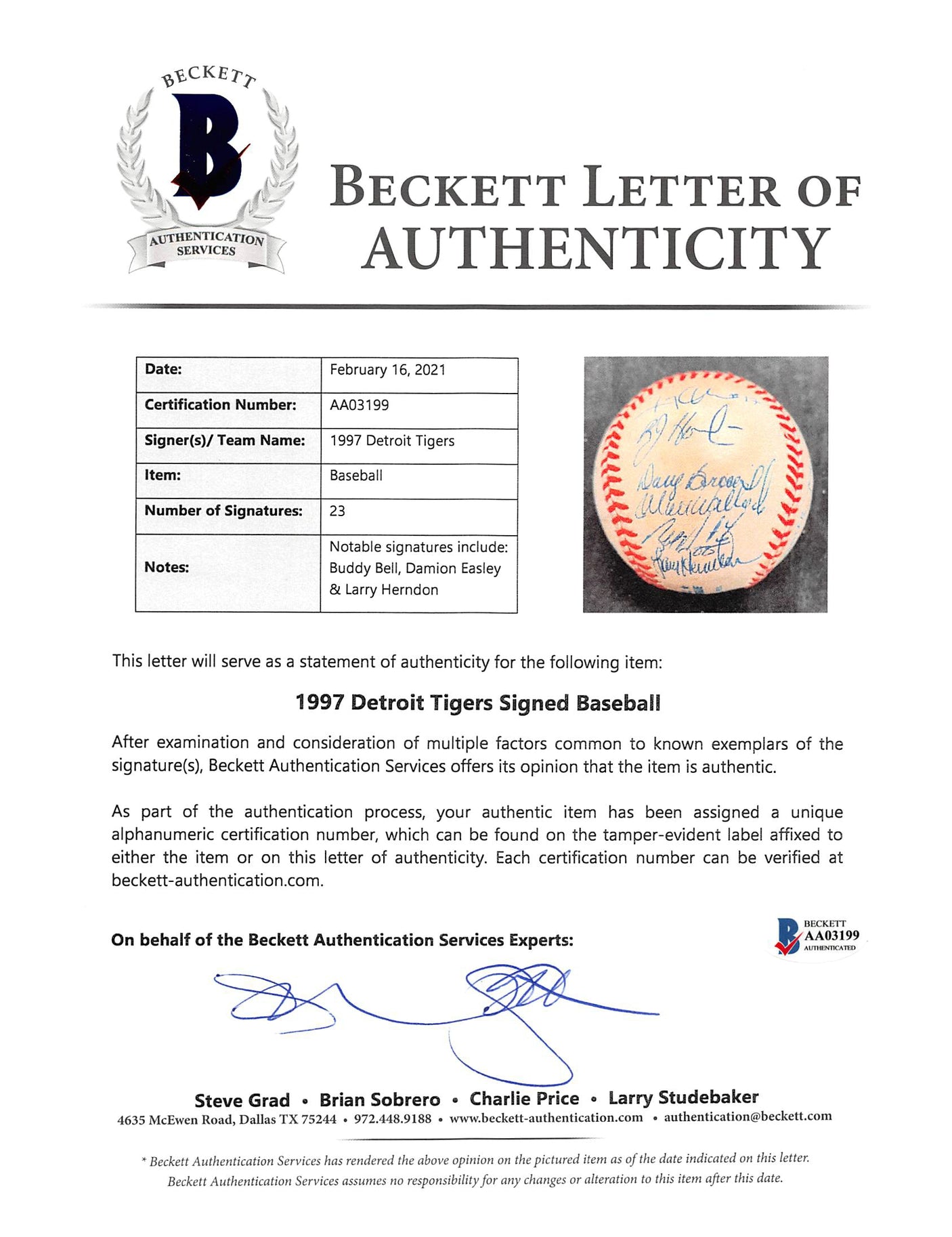 1997 Tigers (23) Herndon, Bell, Easley +20 Signed Oal Baseball BAS #AA03199