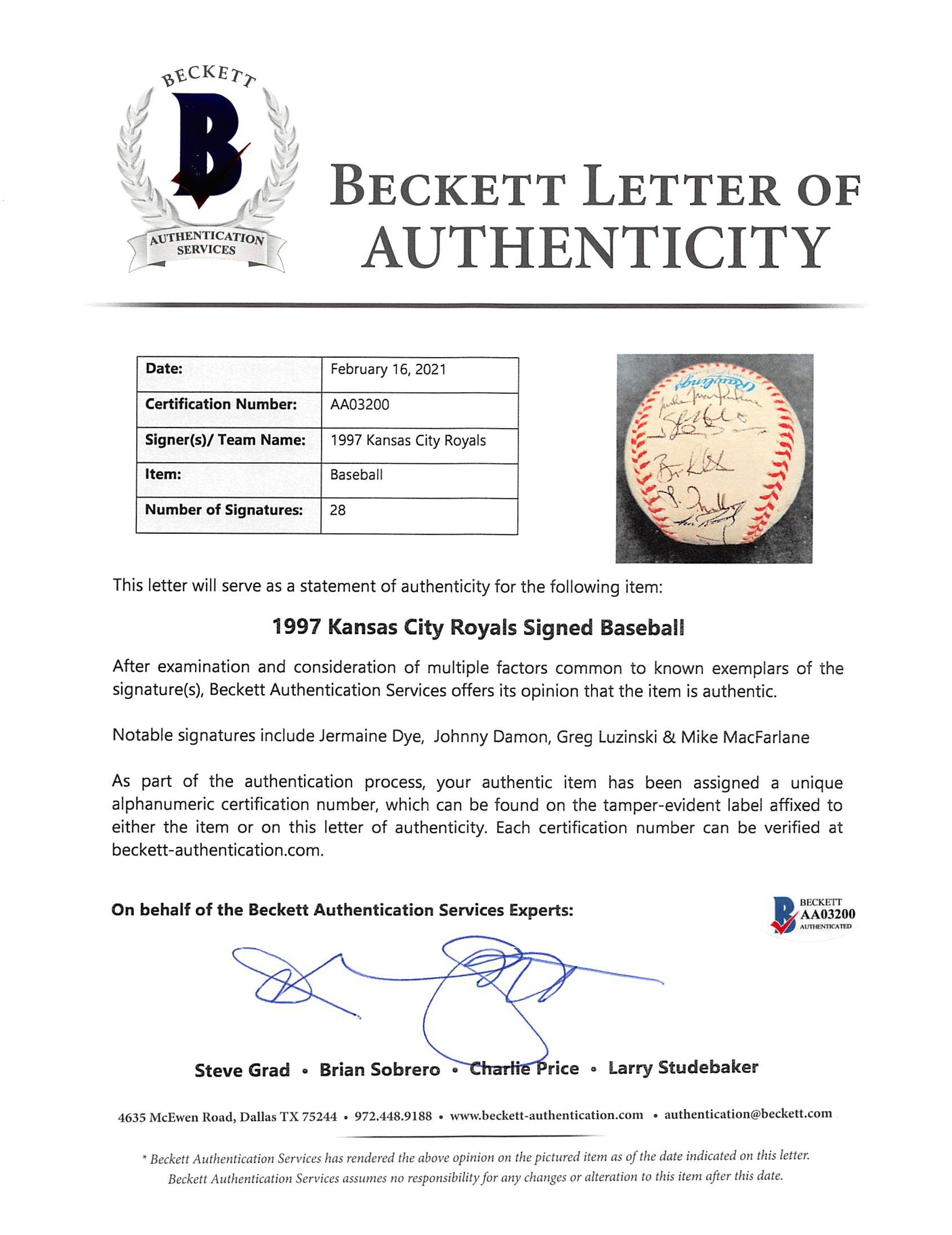 1997 Royals (28) Luzinski, Damon, Dye +25 Signed Budig Oal Baseball BAS #AA03200