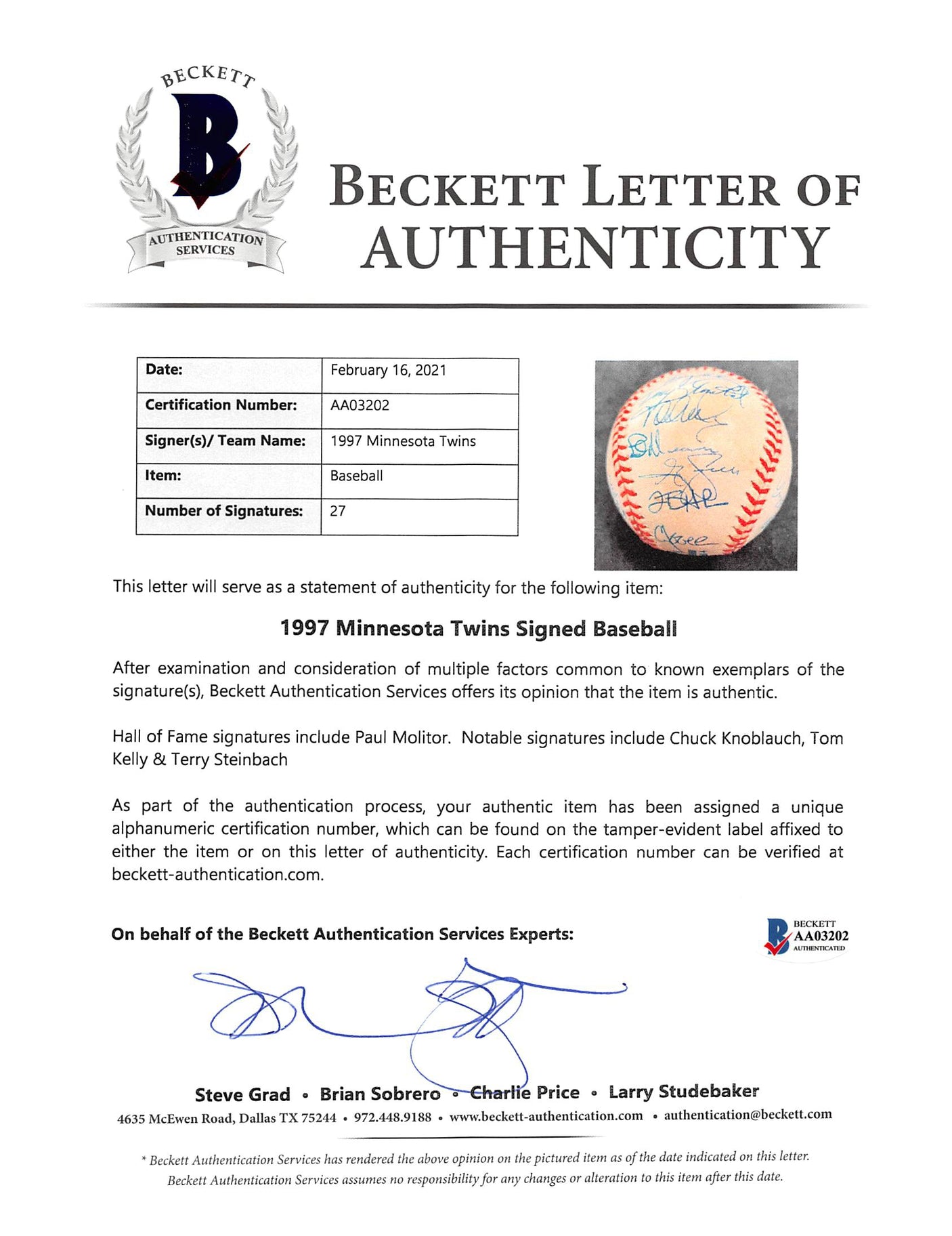 1997 Twins (27) Molitor, Knoblauch, Kelly +24 Signed Oal Baseball BAS #AA03202