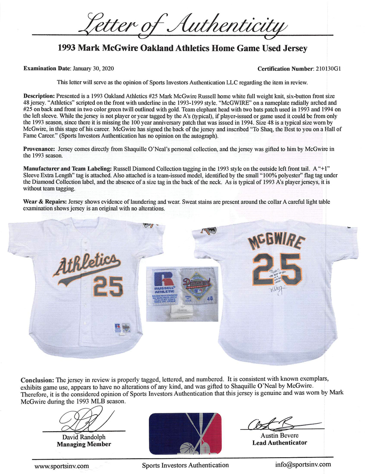 A's Mark McGwire "To Shaq" Signed Game Used White Russell Athletic Jersey BAS