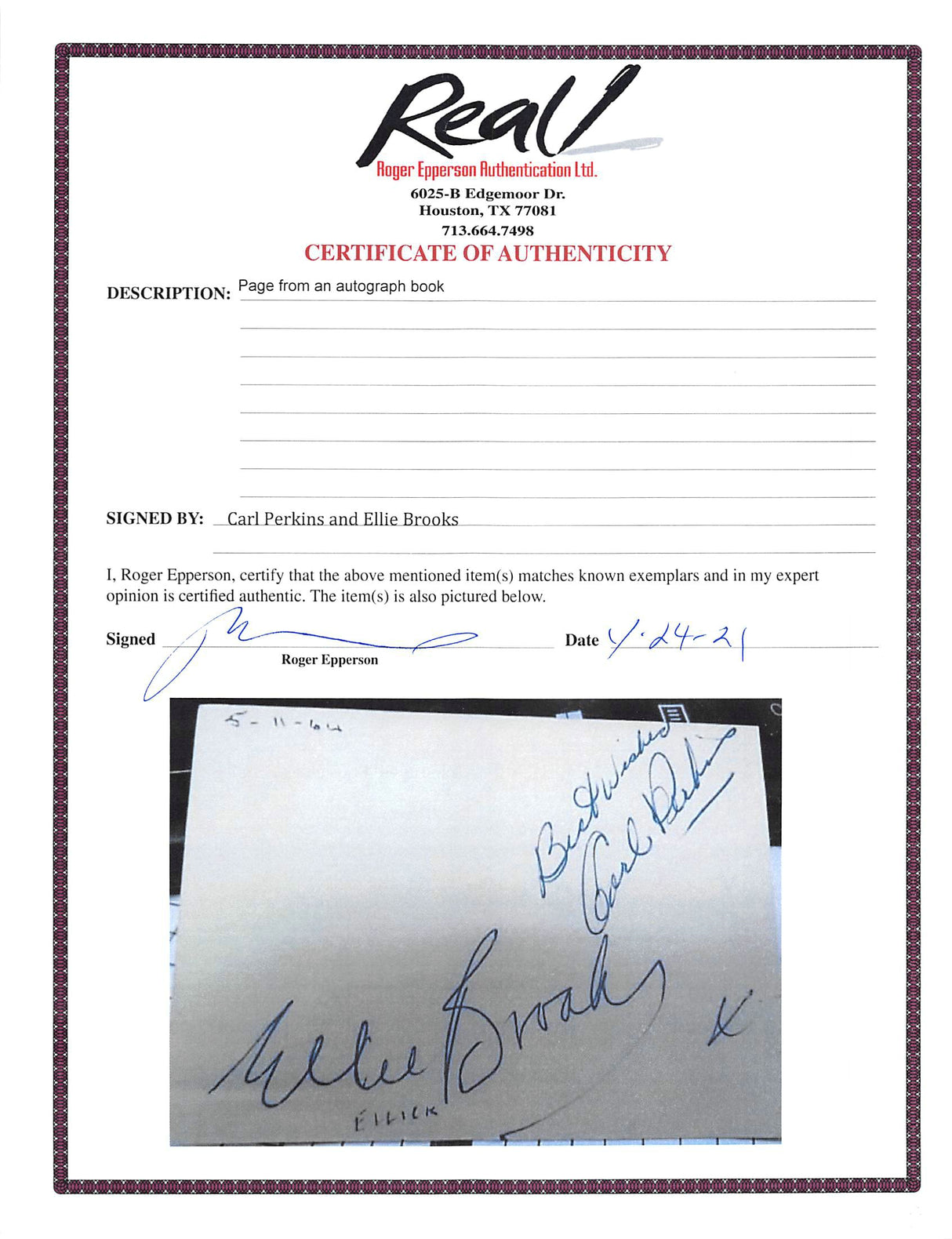 Carl Perkins & Ellie Brooks Authentic Signed 3x4.15 Album Page REAL LOA