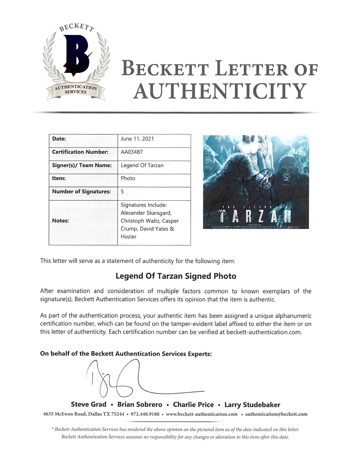 The Legend of Tarzan (5) Skarsgard, Waltz, Crump, +2 Signed 12x18 Photo BAS