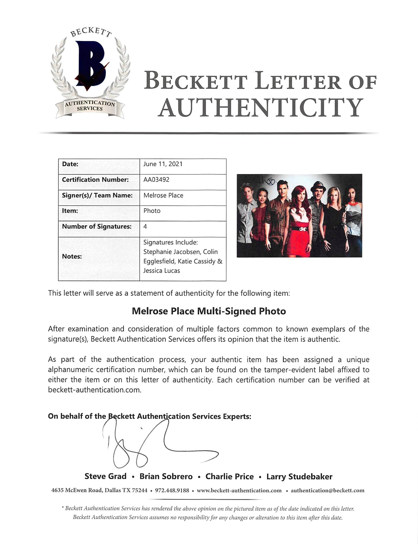 Melrose Place (4) Jacobsen, Egglesfield, Cassidy & Lucas Signed 12x18 Photo BAS