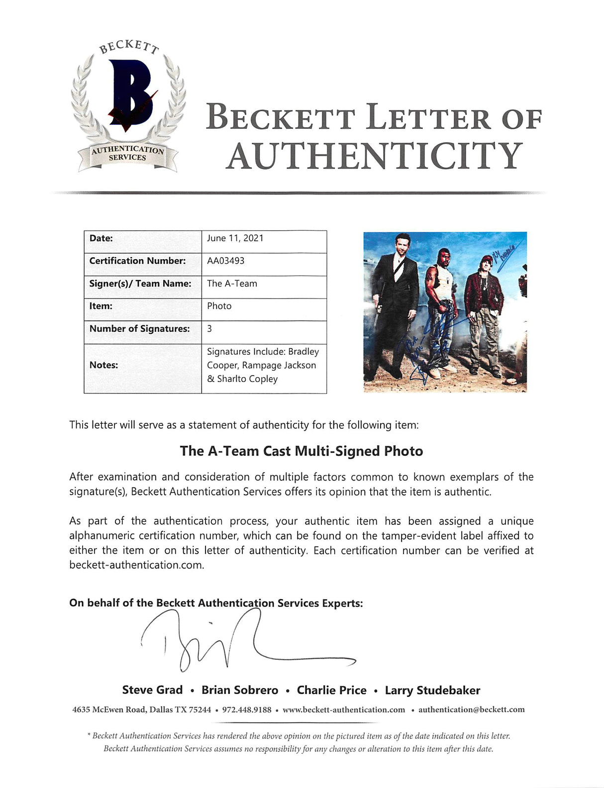 The A-Team (3) Bradley Cooper, Jackson & Copley Signed 12x18 Photo BAS #AA03493