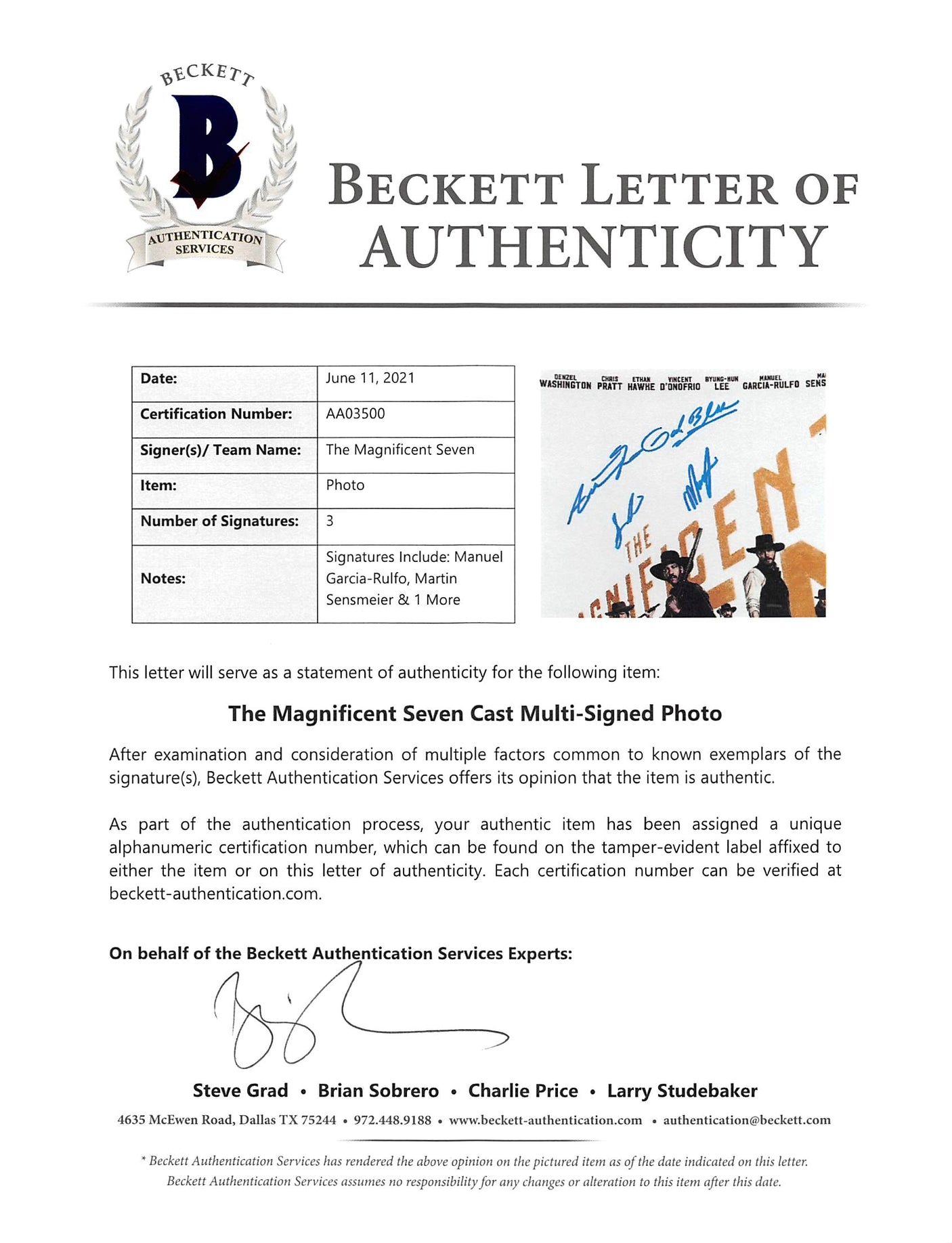 The Magnificent Seven (3) Garcia-Rulfo, Sensmeier + 1 Signed 12x18 Photo BAS