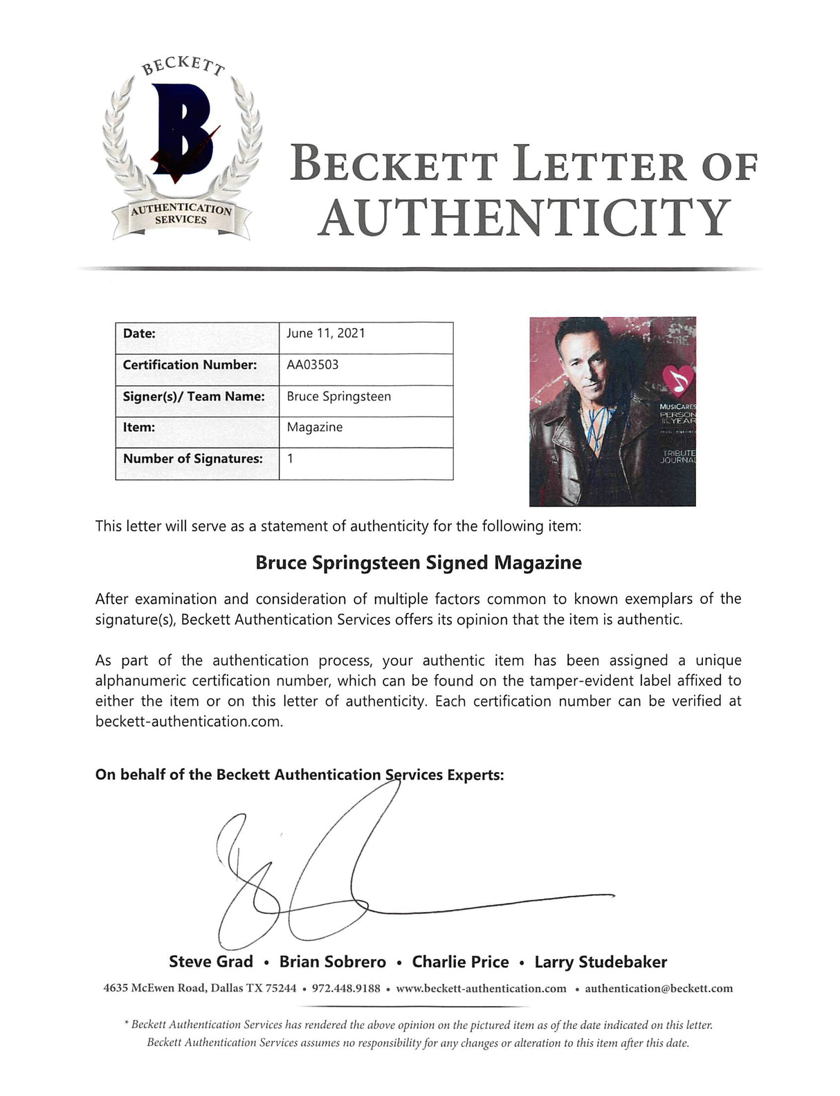 Bruce Springsteen Signed 2013 MusiCares Person Of The Year Tribute BAS #AA03503
