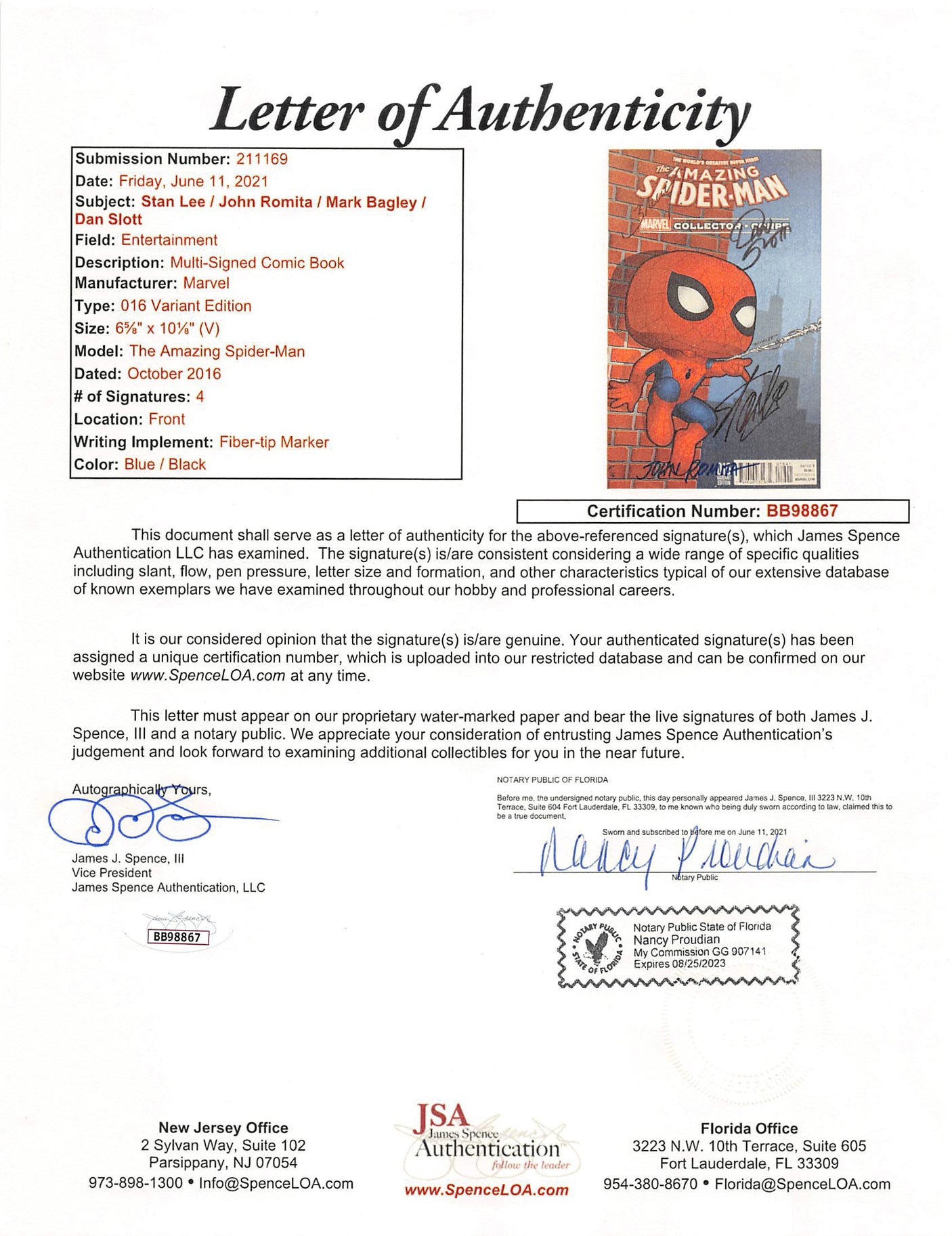 (4) Stan Lee, Romita, Bagley & Slott Signed Amazing Spider-Man 016 Var Comic JSA