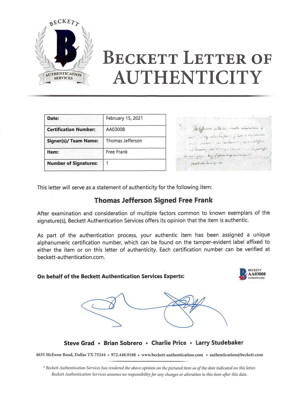 Thomas Jefferson Authentic Signed 6.25x7.5 1824 Handwritten Envelope BAS Slabbed