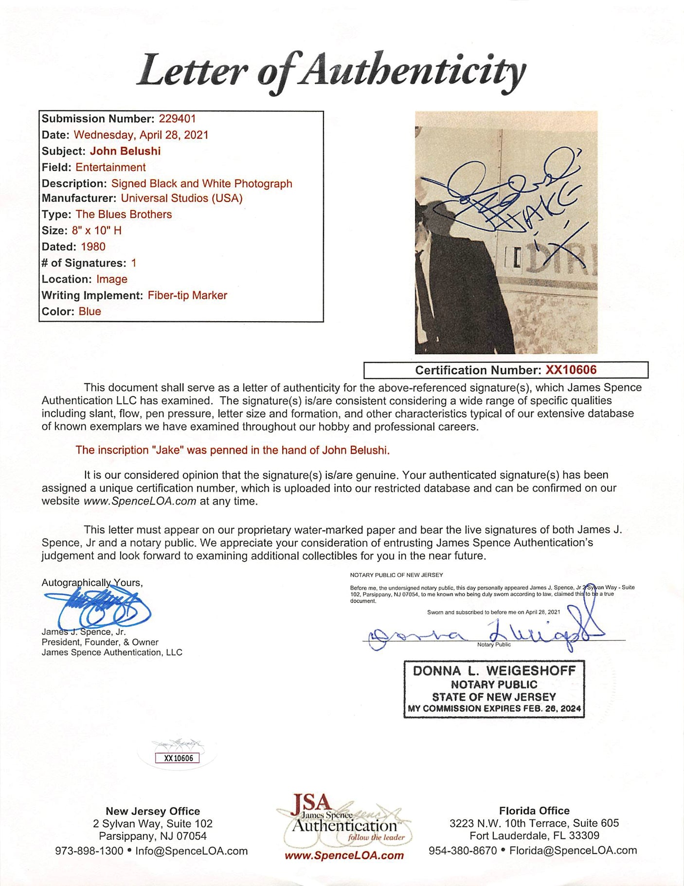 John Belushi The Blues Brothers Authentic Signed 8x10 B&W Photo JSA #XX10606