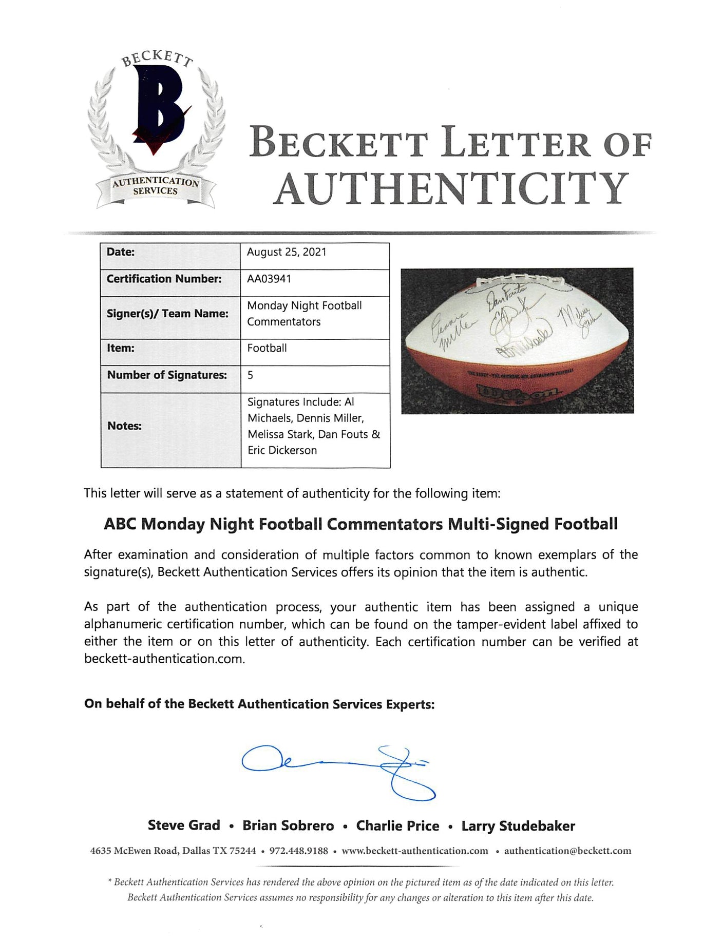 MNF (5) Michaels, Miller, Stark +2 Signed White Panel Nfl Football BAS #AA03941