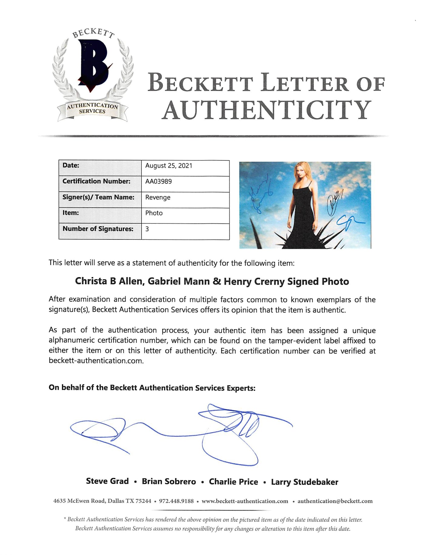 Revenge (3) Allen, Mann & Crerny Authentic Signed 12x18 Photo BAS #AA03989