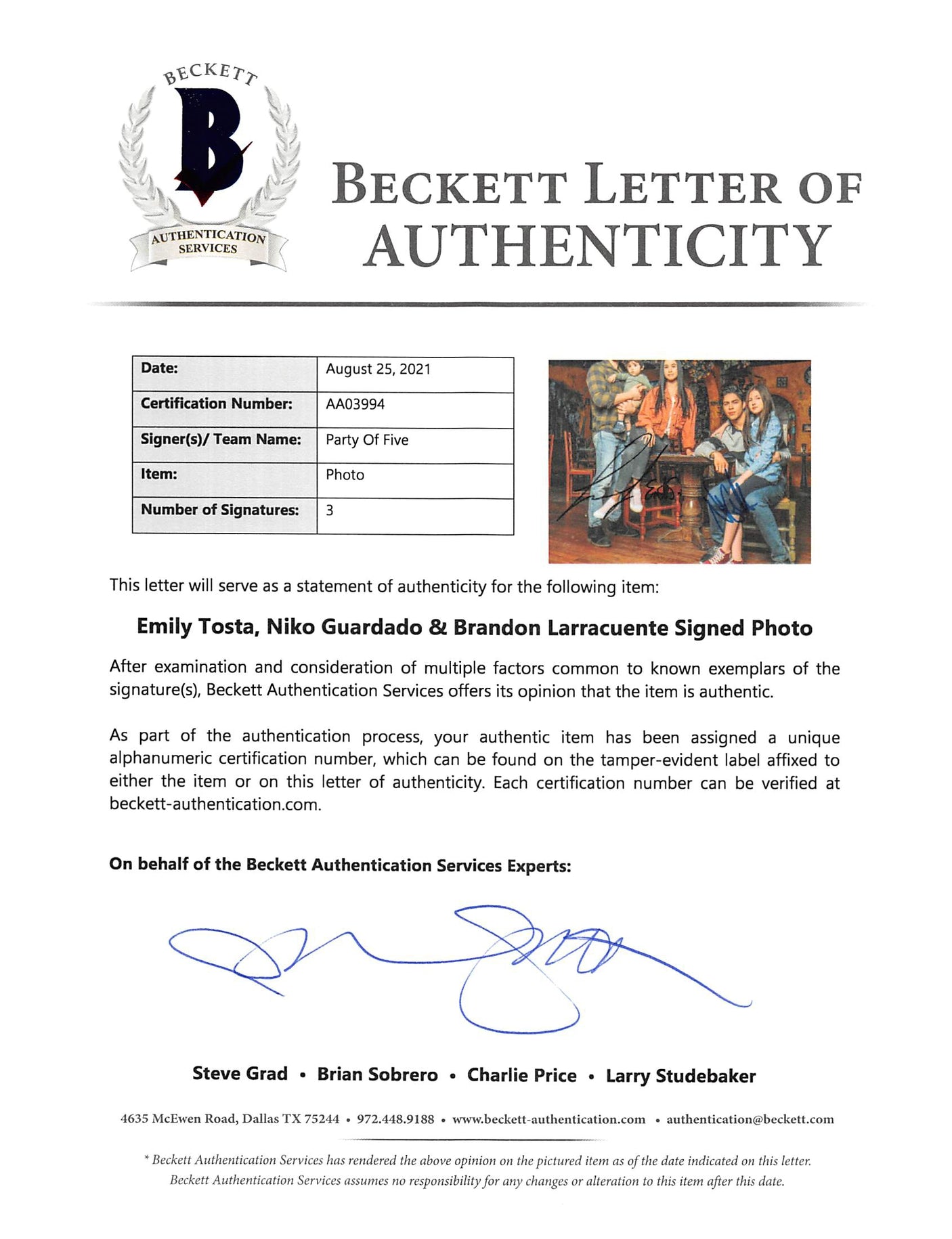 Party of Five (3) Tosta, Guardado & Larracuente Signed 8x10 Photo BAS #AA03994