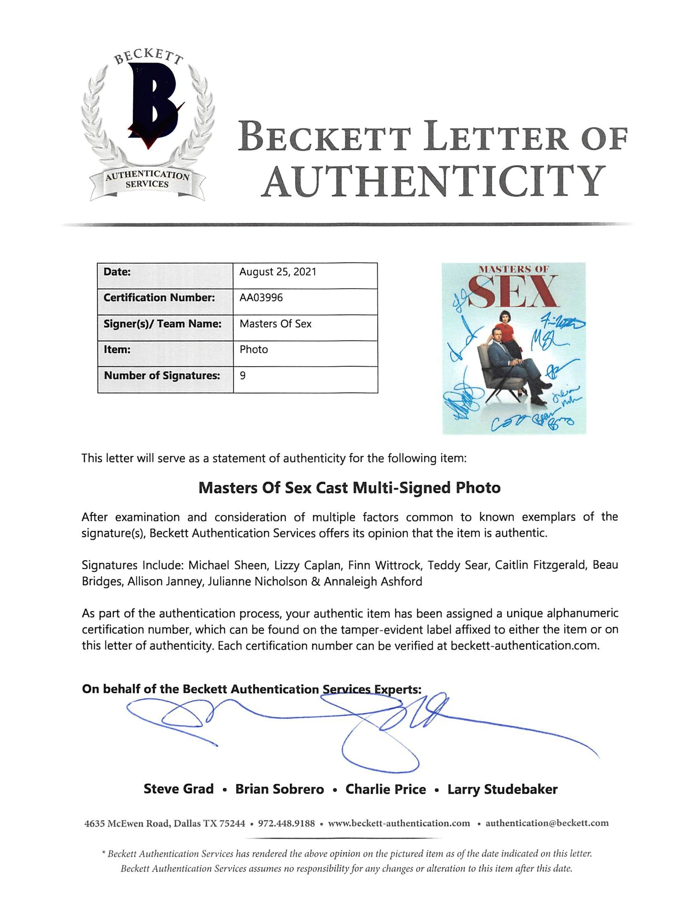 Masters of Sex (9) Sheen, Caplan, Bridges, Janney +5 Signed 11x14 Photo BAS