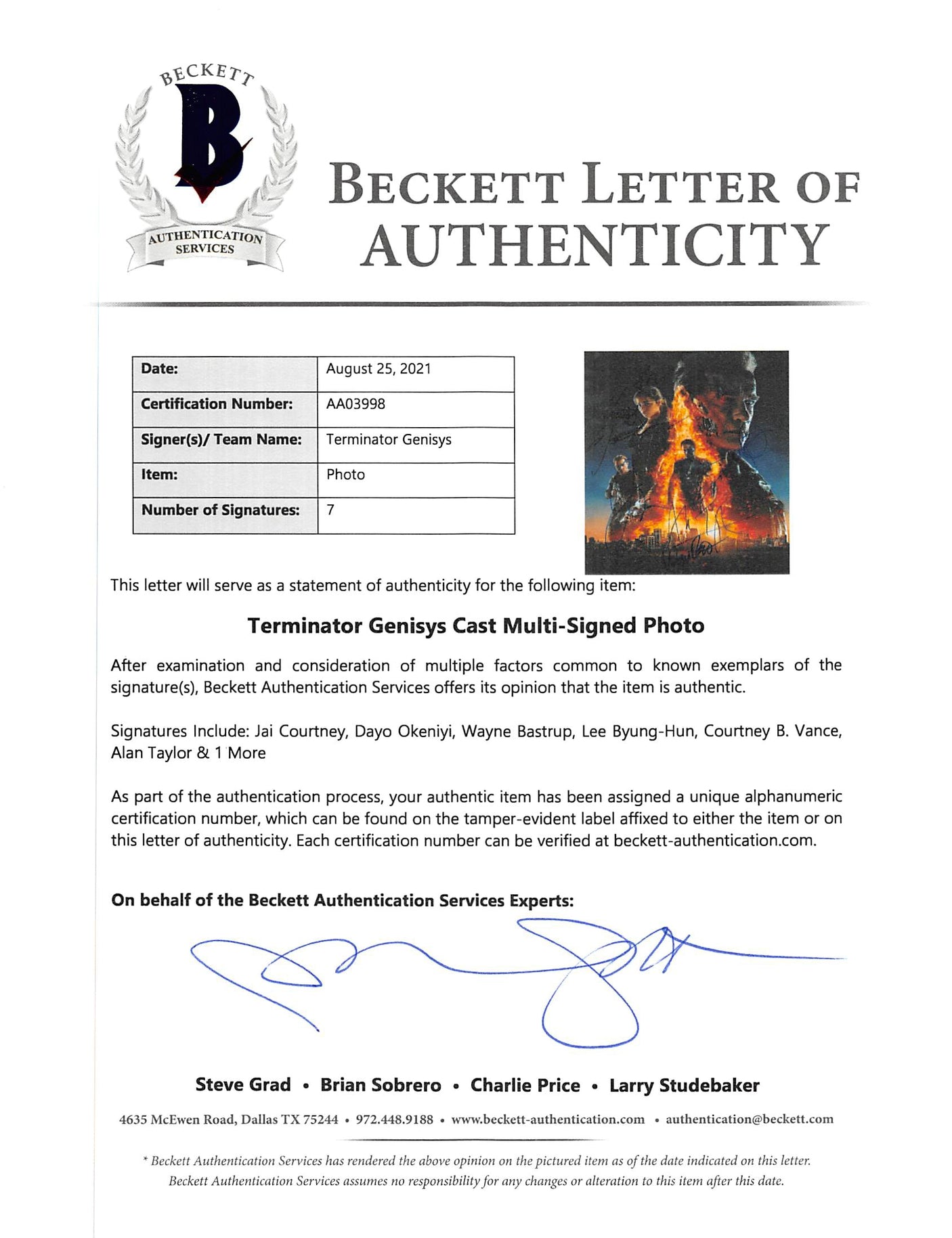 Terminator Genisys (7) Courtney, Okeniyi, Bastup Signed 11x14 Photo BAS #AA03998