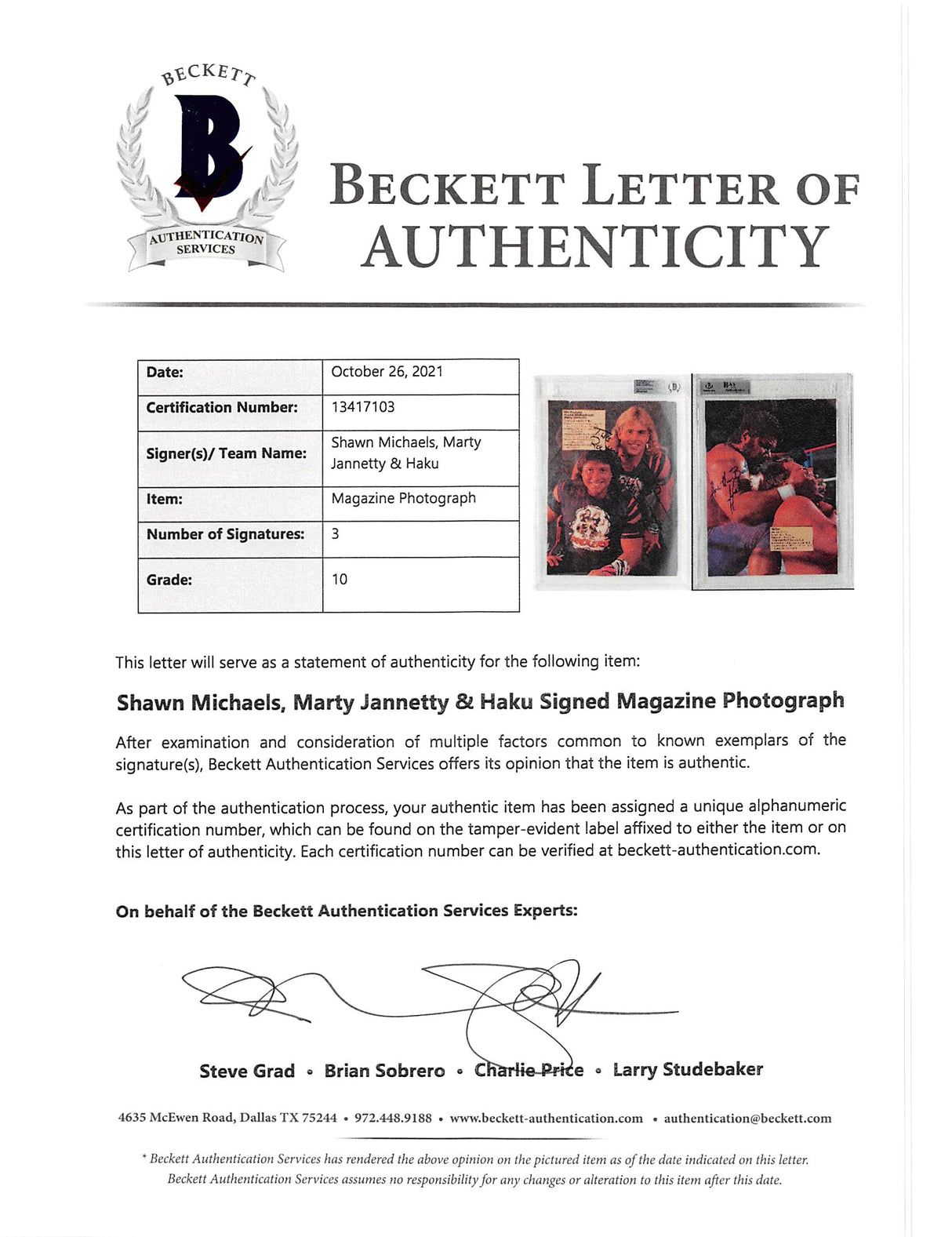 WWE (3) Michaels, Jannetty & Haku Signed 8x11 Magazine Page Autos 10 BAS Slabbed