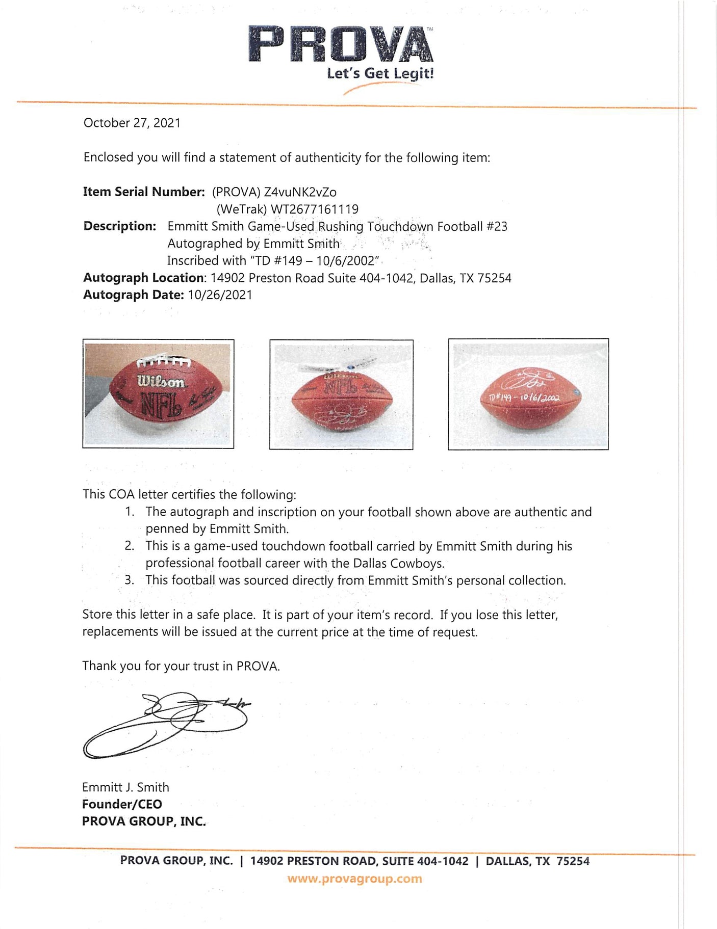 Cowboys Emmitt Smith "TD #149 - 10/6/2002" Signed GU Football BAS & Prova LOA