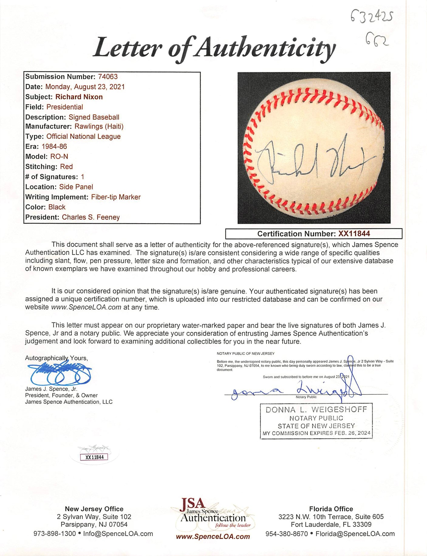 Richard Nixon Authentic Signed Charles Feeney Onl Baseball JSA #XX11844