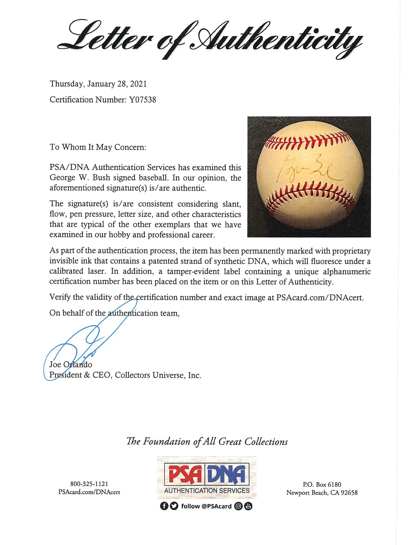 George W. Bush Authentic Signed Coleman Onl Baseball Autographed PSA/DNA #Y07538