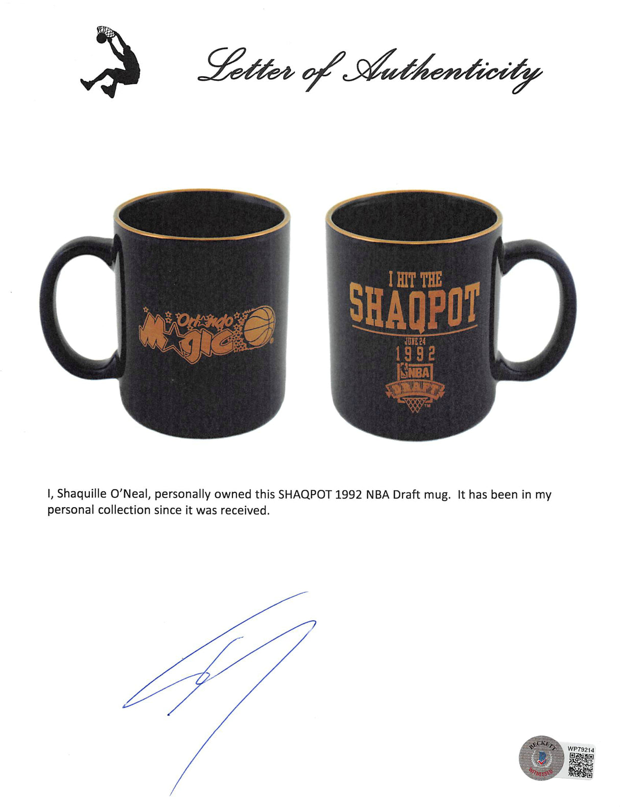 Magic Shaquille O'Neal Signed Shaqpot 1992 NBA Draft Coffee Mug BAS Wit #WP79163