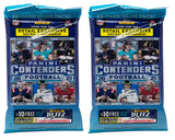 Lot of (2) 2021 Panini Contenders NFL Sealed Football Trading Card Hanger Packs by Sports Integrity, featuring images of NFL rookie players and promotional labels for exclusive cards and digital packs.