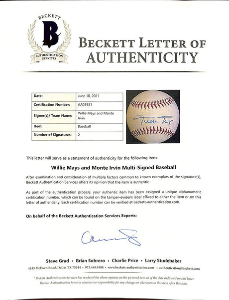 Willie Mays Monte Irvin Dual Signed Giants Baseball BAS LOA AA05931 - Sports Integrity