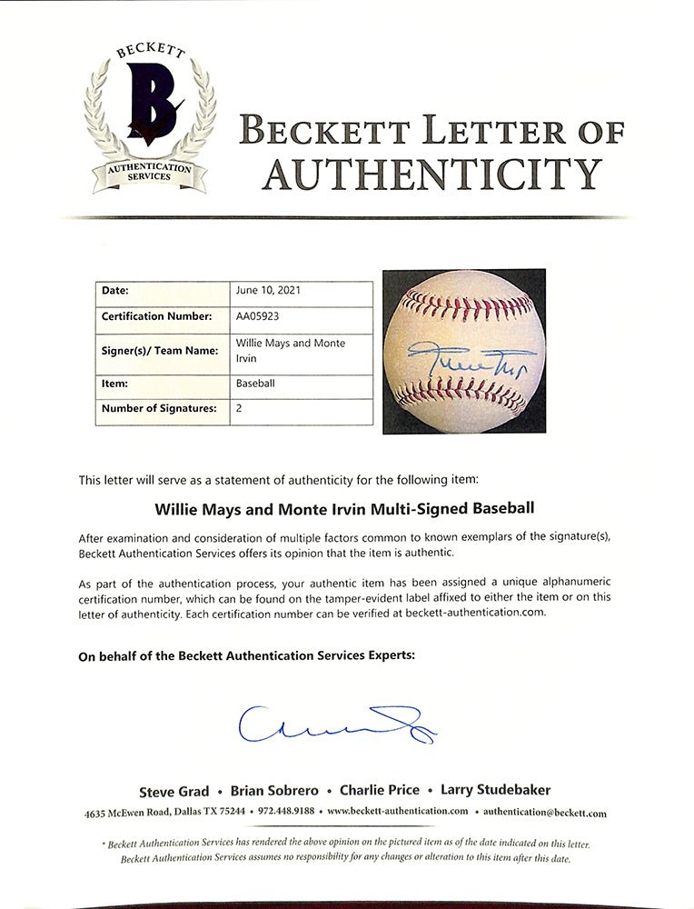 Willie Mays Monte Irvin Dual Signed Giants Baseball BAS LOA AA05923 - Sports Integrity