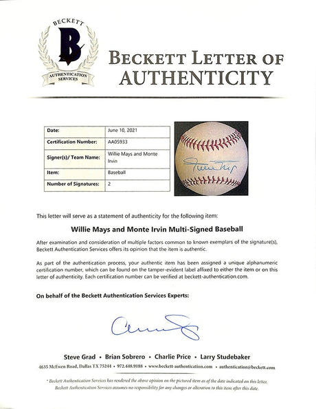 Willie Mays Monte Irvin Dual Signed Giants Baseball BAS LOA AA05933 - Sports Integrity