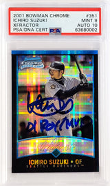 Ichiro Suzuki Autographed 2001 Bowman Chrome XFractor Rookie Card #351 Seattle Mariners PSA 9 Auto Grade Gem Mint 10 "01 ROY MVP" Highest Graded PSA/DNA #63680002