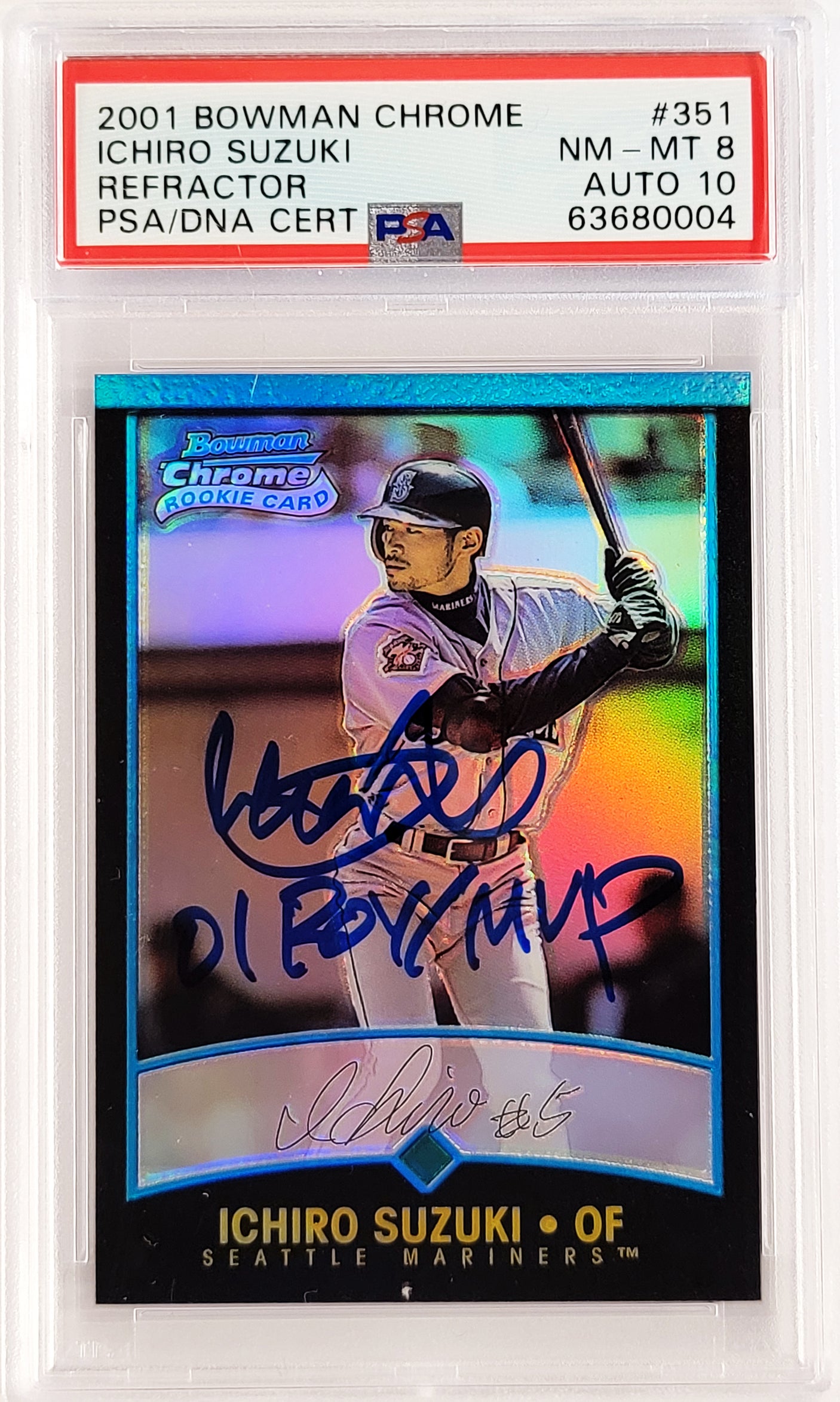 Ichiro Suzuki Autographed 2001 Bowman Chrome Refractor Rookie Card #351 Seattle Mariners PSA 8 Auto Grade Gem Mint 10 "01 ROY MVP" PSA/DNA #63680004