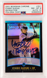 Ichiro Suzuki Autographed 2001 Bowman Chrome Refractor Rookie Card #351 Seattle Mariners PSA 8 Auto Grade Gem Mint 10 "01 ROY MVP" PSA/DNA #63680004