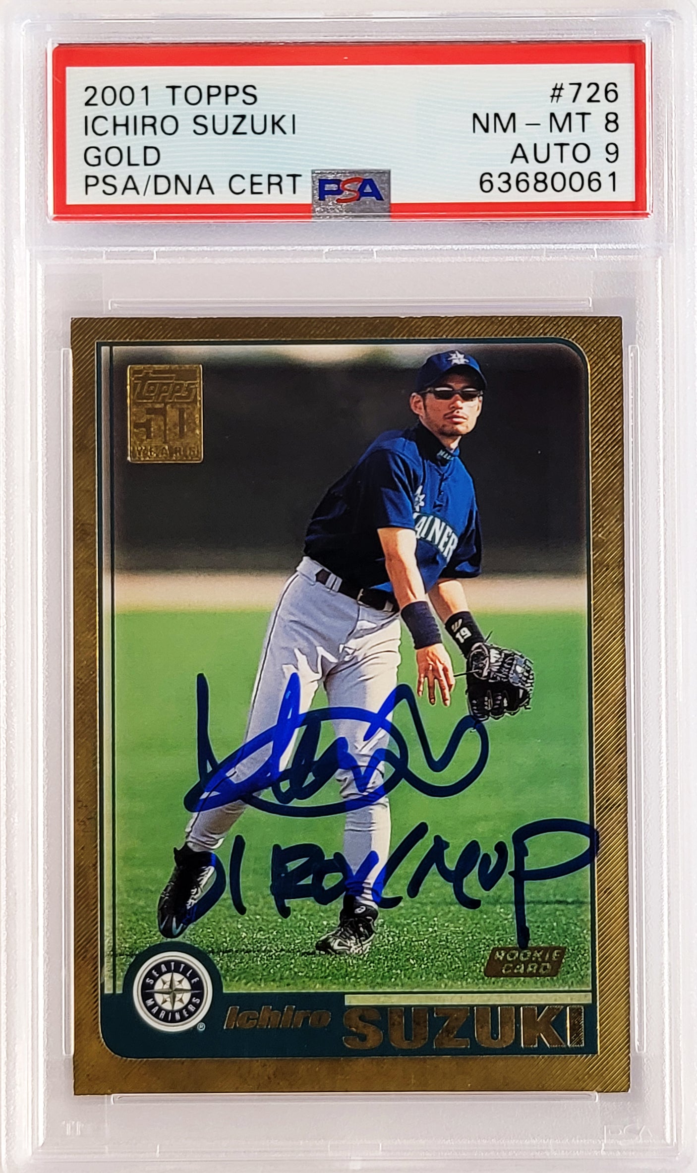 Ichiro Suzuki Autographed 2001 Topps Gold Rookie Card #726 Seattle Mariners PSA 8 Auto Grade Mint 9 "01 ROY MVP" PSA/DNA #63680061