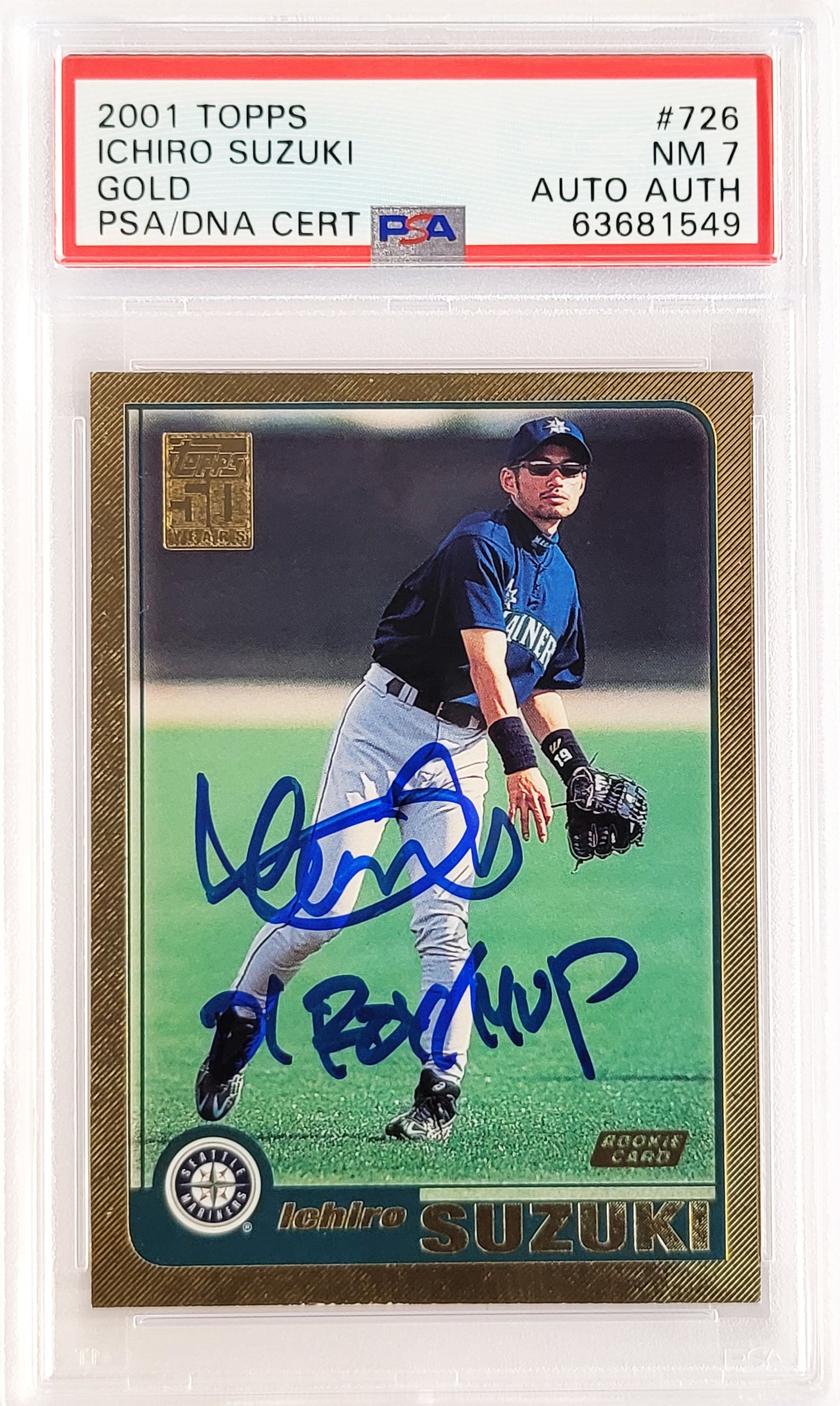 Ichiro Suzuki Autographed 2001 Topps Gold Rookie Card #726 Seattle Mariners PSA 7 "01 ROY MVP" PSA/DNA #63681549
