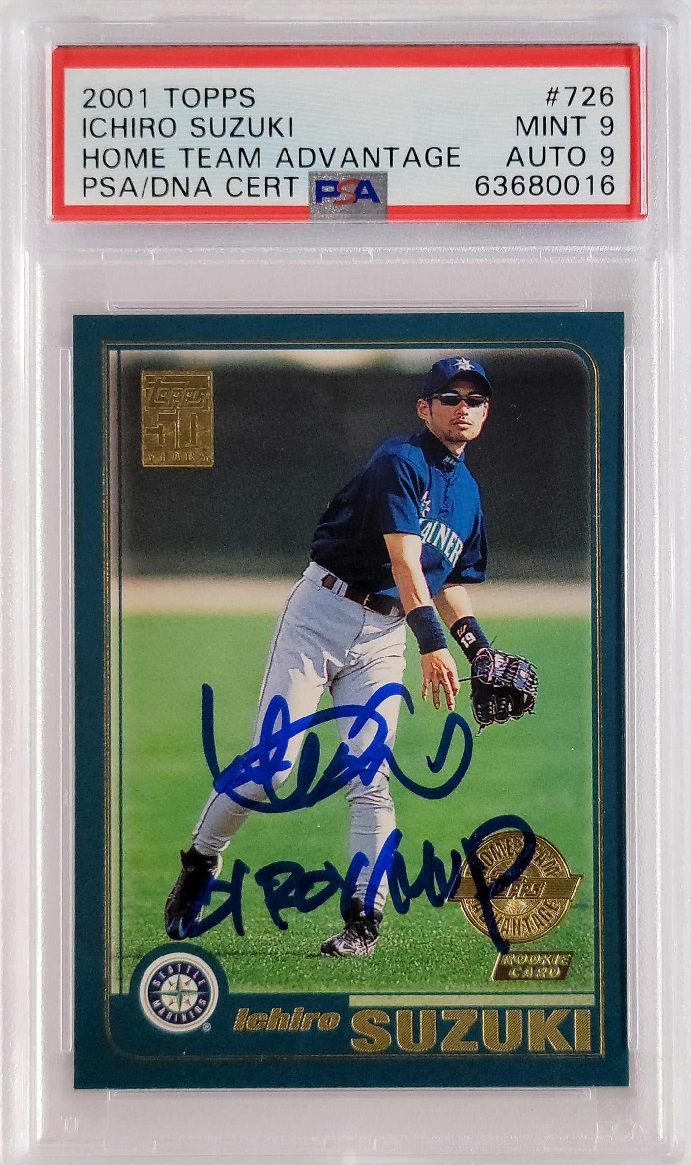 Ichiro Suzuki Autographed 2001 Topps Home Team Advantage Rookie Card #726 Seattle Mariners PSA 9 Auto Grade Mint 9 "01 ROY MVP" PSA/DNA #63680016