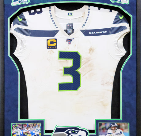 Russell Wilson Framed Game Used Seattle Seahawks White Nike Jersey With Captain's Patch & NFL 100 Logo Unsigned SKU #203517