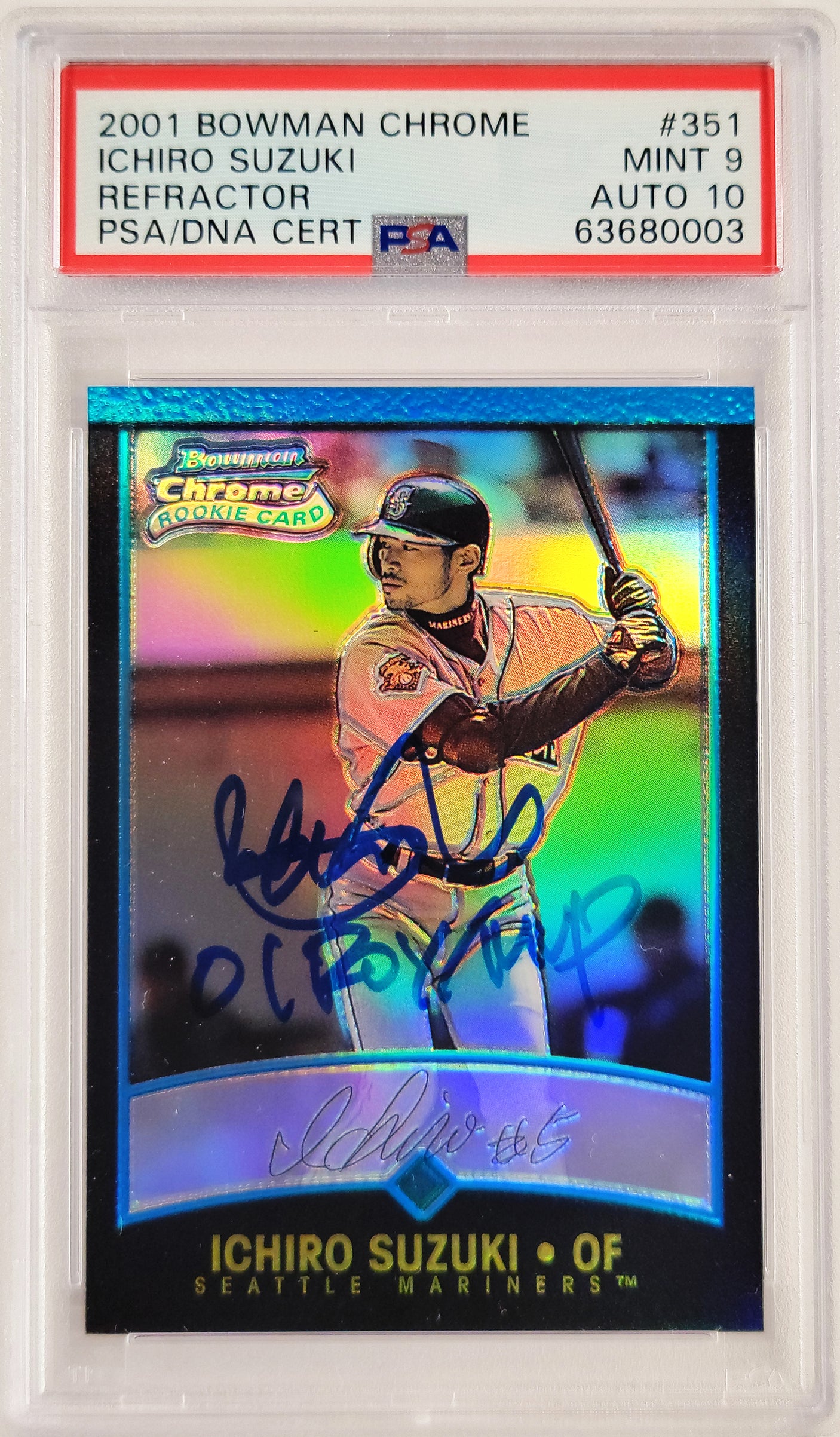 Ichiro Suzuki Autographed 2001 Bowman Chrome Refractor Rookie Card #351 Seattle Mariners PSA 9 Auto Grade Gem Mint 10 "01 ROY/MVP" PSA/DNA #63680003