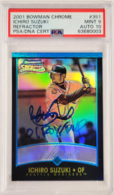 Ichiro Suzuki Autographed 2001 Bowman Chrome Refractor Rookie Card #351 Seattle Mariners PSA 9 Auto Grade Gem Mint 10 "01 ROY/MVP" PSA/DNA #63680003
