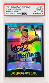 Ichiro Suzuki Autographed 2001 Bowman Chrome Refractor Rookie Card #351 Seattle Mariners PSA 9 Auto Grade Gem Mint 10 "01 ROY/MVP" PSA/DNA #63680006